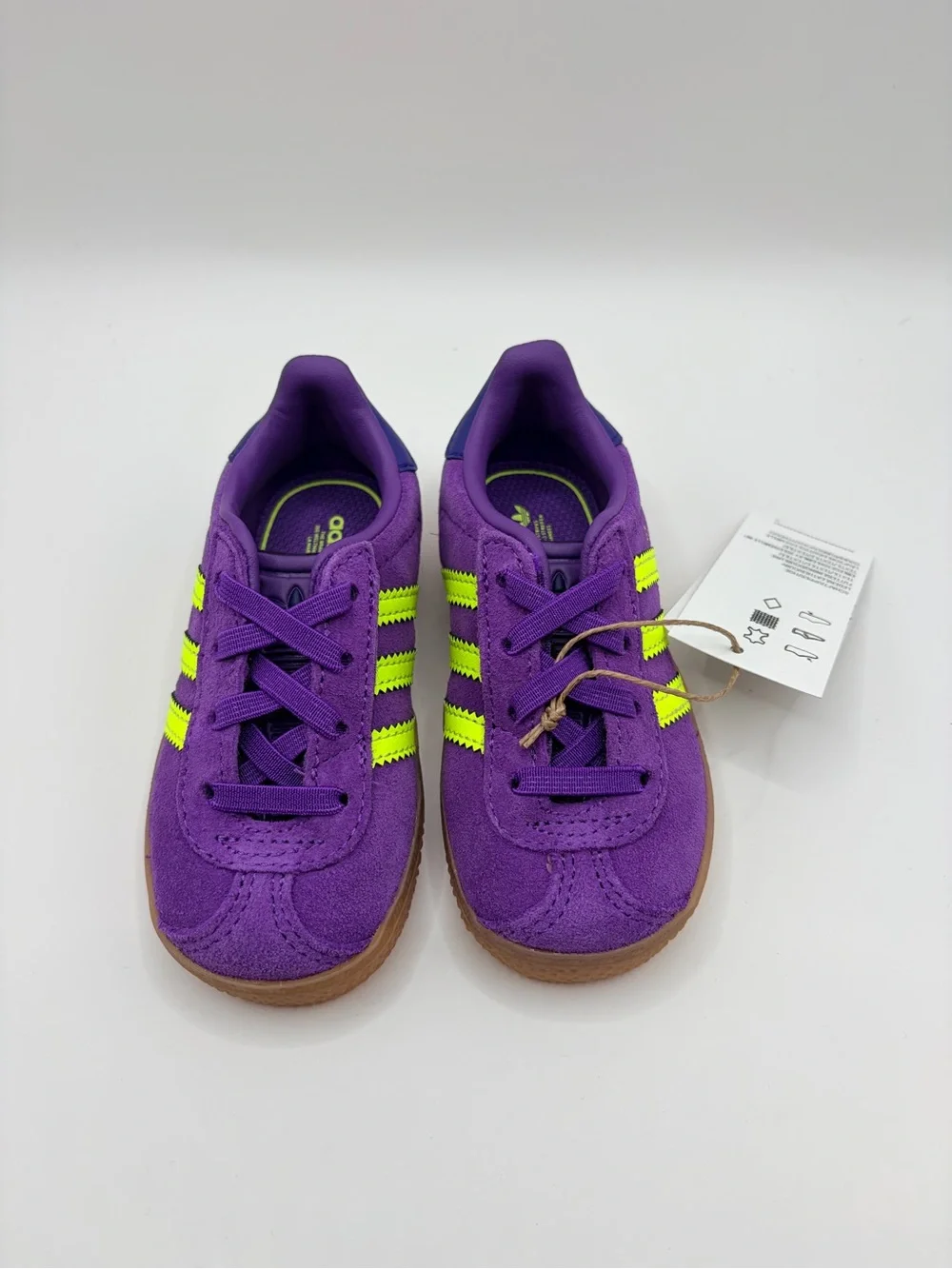 adidas Kids Gazelle CF EL I Purple Suede Sneakers with Neon Yellow Stripes